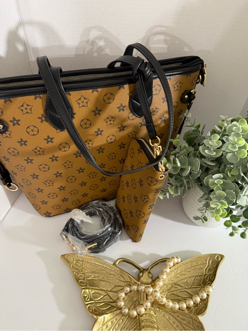 Tan Patterned Tote Bag with Matching Pouch